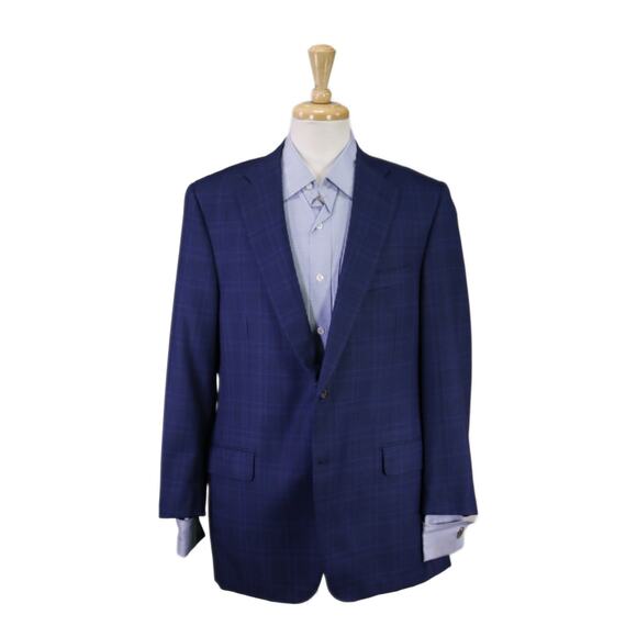 Hickey Freeman Blazer Traveler Royal Blue Windowpane Wool 2-Btn Sportcoat 44R - Picture 1 of 9